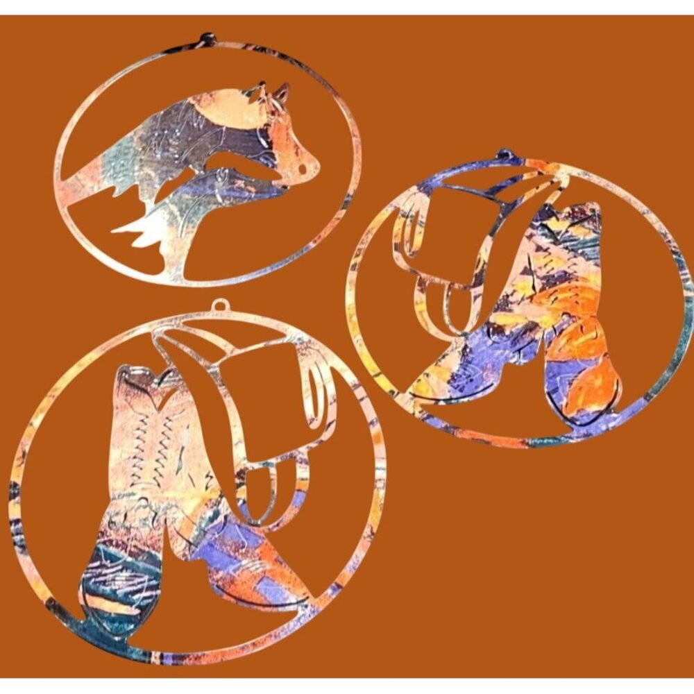 Western-Themed Metal Wall Art Set With Horse Cowboy Boot Designs NEW 8"